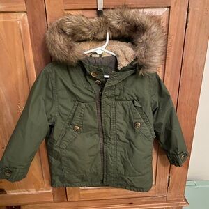 Zara Girls Olive  Fur Lined Hooded Coat With Removeable Lining, Size 3/4